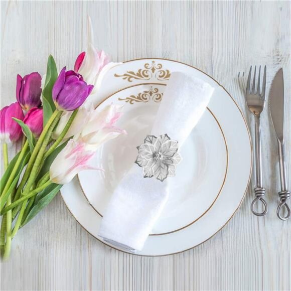 Picowe Set of 12 Alloy Napkin Rings with Hollow Out Flower Napkin Ring Holders - Picture 3 of 8